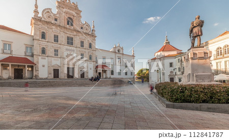 Panorama showing Sa da Bandeira Square with a view of the Santarem See Cathedral timelapse. Portugal 112841787
