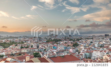 Panorama showing Lisbon famous aerial view from Miradouro da Senhora do Monte tourist viewpoint timelapse Panorama showing Lisbon famous aerial view from Miradouro da Senhora do Monte tourist viewpoint timelapse 112841835