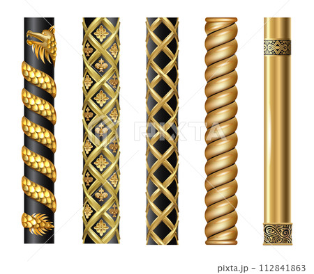 Set of golden oriental columns of Chinese and Japanese Set of golden oriental columns of Chinese and Japanese 112841863