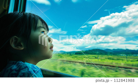 child gazing out the train window, their face pressed against the glass 112841988