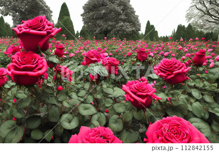 Timeless beauty of a classic rose garden in full bloom. Panorama 112842155