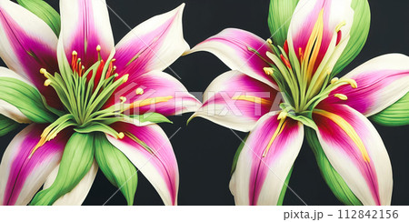 Beauty of symmetry by arranging an assortment of vibrant lilies. Panorama 112842156