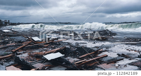 The aftermath of a powerful tsunami with debris scattered across a coastal area The aftermath of a powerful tsunami with debris scattered across a coastal area 112842189