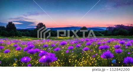Stardust Meadow. At twilight, a meadow blooms with luminescent flowers. 112842200
