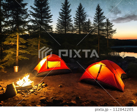 Set up a cozy camping scene with a tent pitched under the starry night sky, illuminated by a warm campfire 112842205