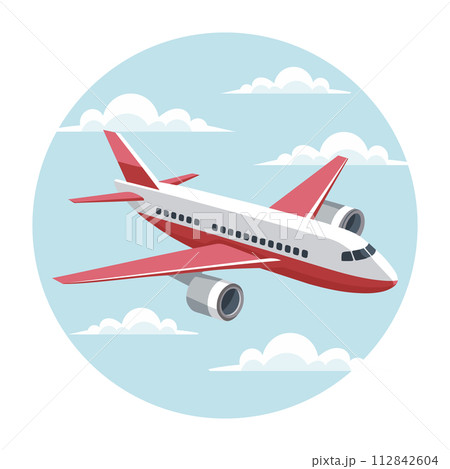 The plane flies in the sky between the clouds. Time for travel and vacation. Illustration, vector 112842604