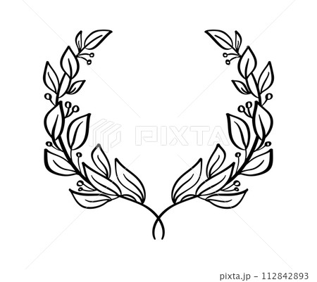 Black hand drawn laurel wreath branch frame. depicting achievement, heraldry, logo. Vector line illustration Black hand drawn laurel wreath branch frame. depicting achievement, heraldry, logo. Vector line illustration 112842893