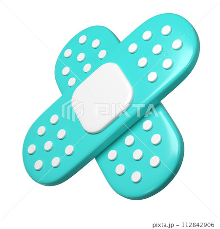 3d medical two cross plasters icon. Rendering illustration of sticky medic bandage. Turquoise and white color medic recovery patch in cute cartoon design. First aid concept 3d medical two cross plasters icon. Rendering illustration of sticky medic bandage. Turquoise and white color medic recovery patch in cute cartoon design. First aid concept 112842906