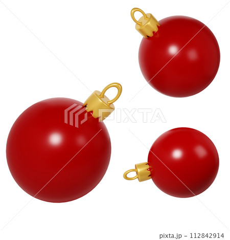 3d rendering three red Christmas balls icon. Realistic spheres for winter holidays. Toy for fir tree. Illustration for web design, greeting card, invitation 112842914