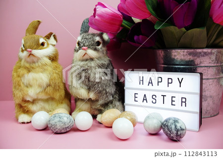 Happy Easter light box with easter element decoration on pink background 112843113