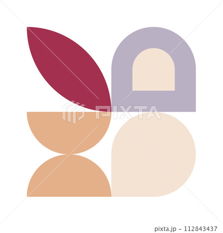 Trendy bauhaus pattern poster. Vector abstract geometric color shapes in beige and red pastel colors. Simple neo modern design elements. Fashion retro print for greeting card, web design Trendy bauhaus pattern poster. Vector abstract geometric color shapes in beige and red pastel colors. Simple neo modern design elements. Fashion retro print for greeting card, web design 112843437