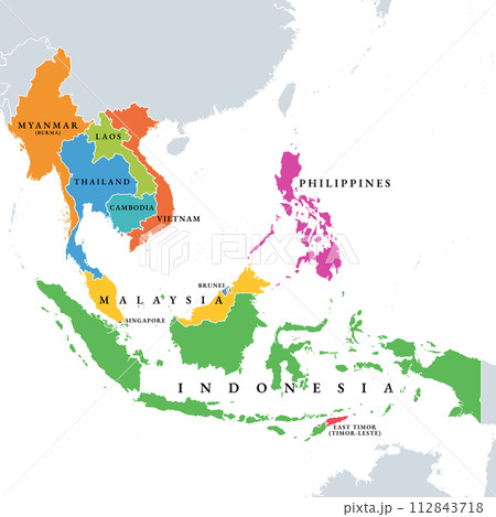 Southeast Asia countries, political map. Geographical region of Asia, bordered by East and South Asia, by the Bay of Bengal, Oceania, the Pacific Ocean, and bordered by Australia and the Indian Ocean. Southeast Asia countries, political map. Geographical region of Asia, bordered by East and South Asia, by the Bay of Bengal, Oceania, the Pacific Ocean, and bordered by Australia and the Indian Ocean. 112843718