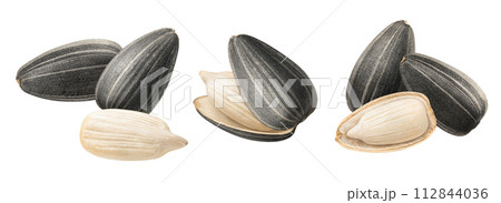 Small piles of sunflower seeds set isolated on white background. Small piles of sunflower seeds set isolated on white background. 112844036