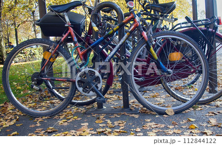 Composition of bike and yellow leaves 112844122