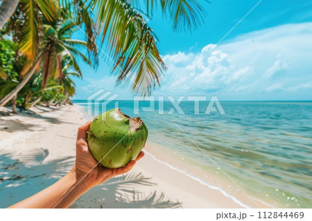 Tropical coconut juice on sunny beach . Generative AI 112844469