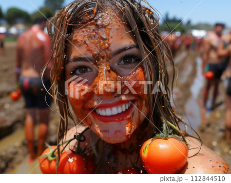 La Tomatina is an annual festival with a tomato fight with many peoples 112844510