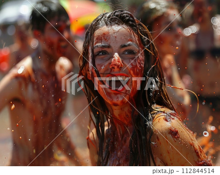 La Tomatina is an annual festival with a tomato fight with many peoples 112844514