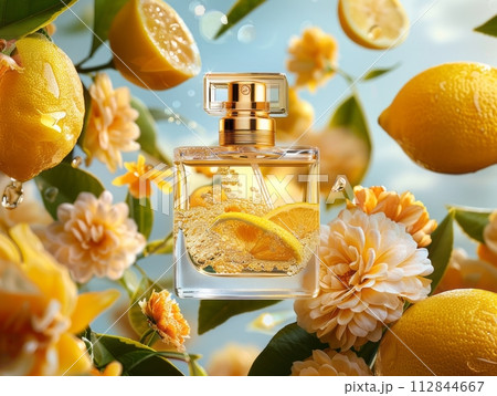 Parfum with floating lemon and flowers over light blue sky background, 112844667