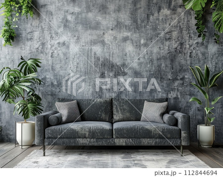 Grey sofa against concrete stucco wall. Industrial, loft home interior design Grey sofa against concrete stucco wall. Industrial, loft home interior design 112844694