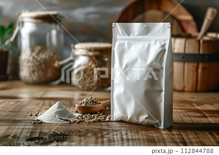 White packaging bag mockup, on a wooden table, top view 112844788