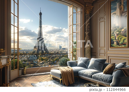 AI-generated content. Room in Paris with eiffel tour in window 112844966