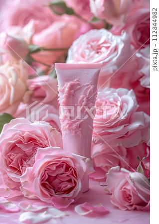 a tube of natural cream is set against pink roses, a tube of natural cream is set against pink roses, 112844982