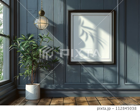 square black picture frame with glass and flower in pot 112845038