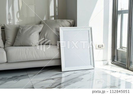 white mockup wooden frame in a Scandinavian interior design living room near a couch 112845051