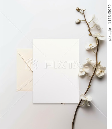 Minimalist mockup white invitation card with dry flowers on white 112845079