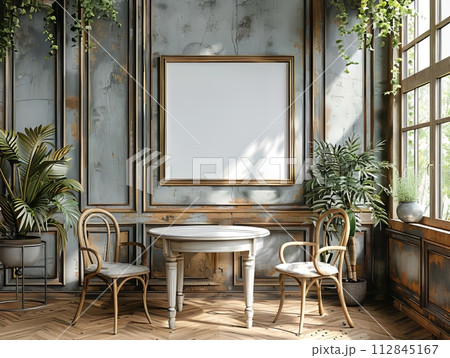 a vintage wall gallery mockup in modest apartment living room, beautiful interiors 112845167
