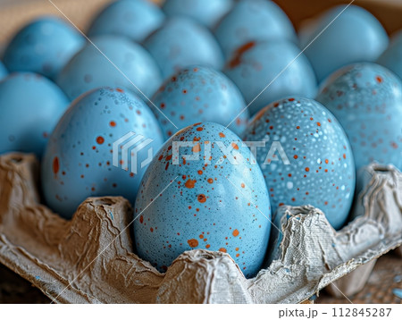 Blue easter eggs in tray Blue easter eggs in tray 112845287