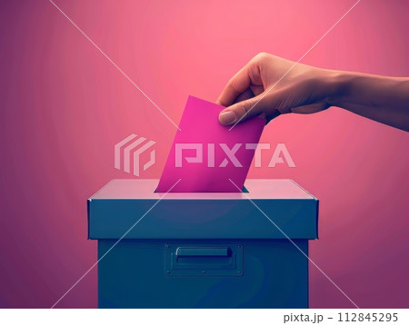 Sleek design of a hand voting in a ballot box with a cool blue gradient Sleek design of a hand voting in a ballot box with a cool blue gradient 112845295