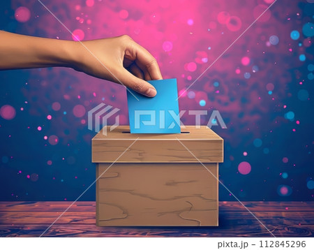 Sleek design of a hand voting in a ballot box with a cool blue gradient Sleek design of a hand voting in a ballot box with a cool blue gradient 112845296
