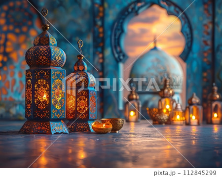 Lantern that have moon symbol on top of Ramadan Kareem. 112845299