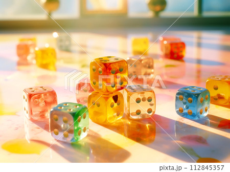 Close-up of colorful dice arranged over pink background with shadows Close-up of colorful dice arranged over pink background with shadows 112845357