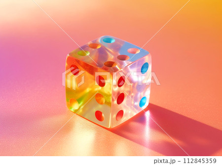 Close-up of colorful dice arranged over pink background with shadows 112845359