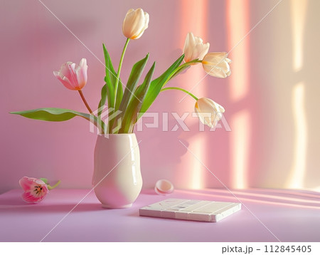 Pink Tulips in Vase with Window Shadows 112845405