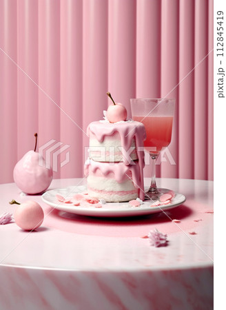 Cake for wedding or birthday decorated on pink background with pink zephyr and macaroons. 112845419
