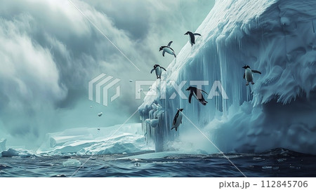 AI-generated content. Penguins Birds Flying Over Large Iceberg 112845706