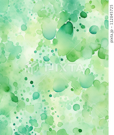 Abstract gradient watercolor drawing on white background of green spots with clear outlines, streaks, blots, small splashes of paint on paper 112845725