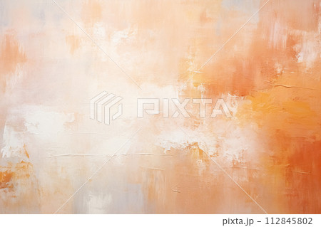 Textured abstract art background peach fuzz and white with paint splatters and brushstrokes on canvas, concrete wall with gradient pattern 112845802