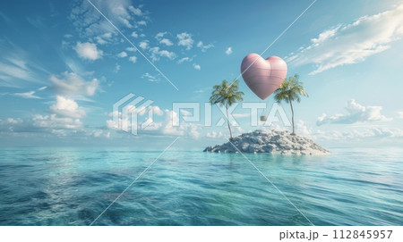 AI-generated content. Tropical Island With Two Palm Trees and Heart Shaped Balloon 112845957