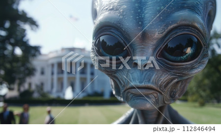 AI-generated content. Aliens UFO in Front of White House 112846494