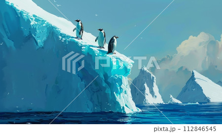 AI-generated content. Penguins Standing on Top of Iceberg 112846545
