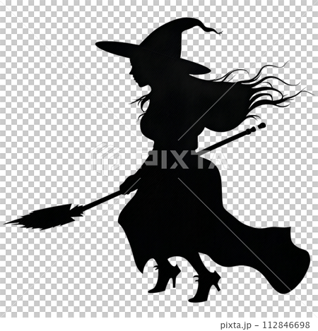 Black silhouette of a young witch on white background. 112846698