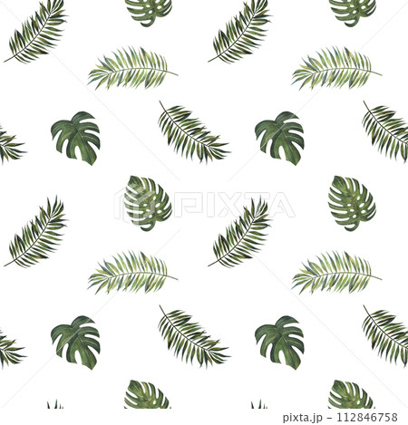 Tropical leaves. Monstera, strelitzia, palms. Watercolor seamless pattern. 112846758