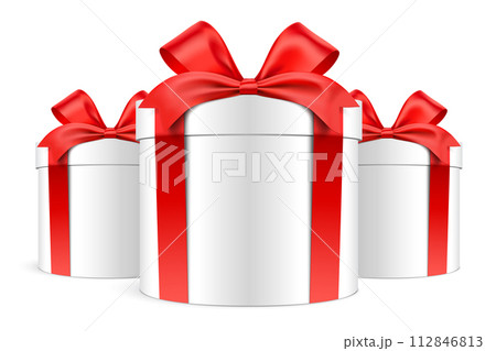 Bunch of white round shape gift boxes tied with red ribbons. Cylindrical vector giftboxes isolated Bunch of white round shape gift boxes tied with red ribbons. Cylindrical vector giftboxes isolated 112846813