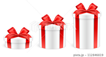 Different height round shape white gift boxes wrapped with red ribbons, vector illustration. 112846819
