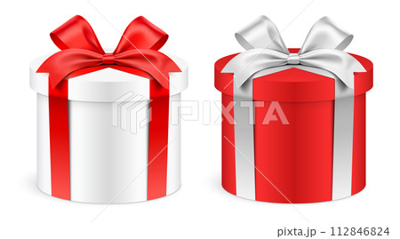 Round shape white and red gift boxes wrapped with ribbons isolated on background vector illustration Round shape white and red gift boxes wrapped with ribbons isolated on background vector illustration 112846824