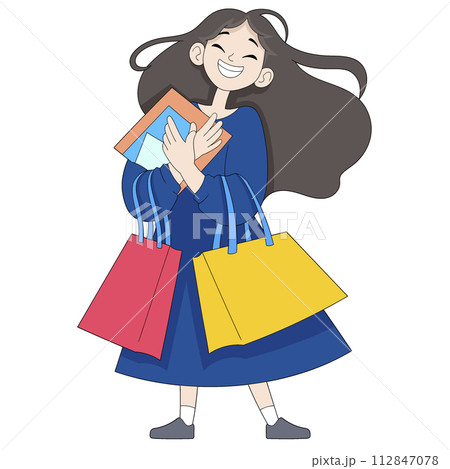 cartoon doodle illustration of people's daily activities, payday, women go to the shopping center to buy discounted goods 112847078